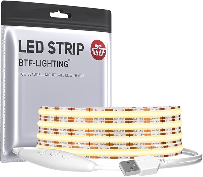 BTF-LIGHTING FCOB COB FOB LED Strip Lights 5V USB Powered 6.56FT 640LEDs Natural White 4000K 8mm Width Dimmable CRI 90+ with 3M Tape Flexible High Density for 3D Printer TV Backlight PC DIY Decor