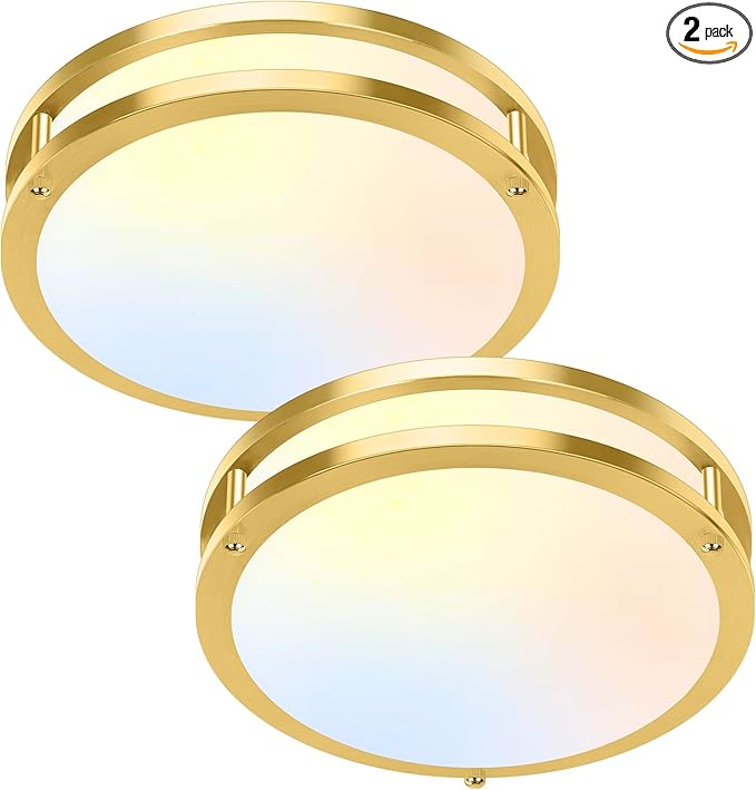 10 Inch LED Flush Mount Ceiling Lights, Gold Kitchen Lighting Fixtures with 2700K/3000K/4000K/5000K/6500K 5 Color Adjusted, Dimmable Modern Round LED Lights for Bedroom Living Room Laundry, 2-Pack