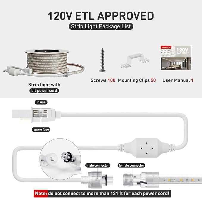 Shine Decor LED Strip Light Easy Connectable, 6000K Cool White Cold Resist Weatherproof Plug-in for Indoor Outdoor, 101 LM/FT Dimmable Bright Eco Rope Lighting 82FT, 120V Whole Set ETL Listed
