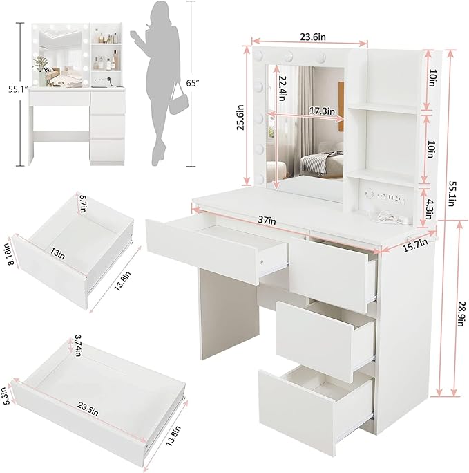 Fameill Makeup Vanity with Lights, 4 Drawers Makeup Table with Lighted Mirror, 37inch Vanity Desk with Power Strip, 3 Lighting Modes, White