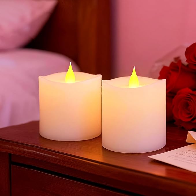 3x3 Flickering Flameless Candles Set of 2,3 inch Real Wax LED 600 Hours Battery Candles with Timer Remote,Control for Wedding Party Indoor,Ivory