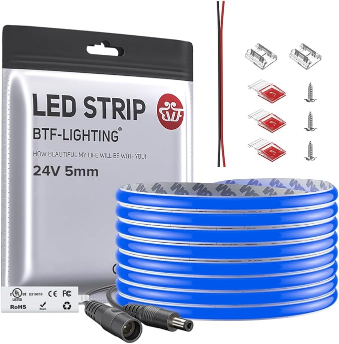 BTF-LIGHTING FCOB COB LED Strip Blue Color 5mm Width UL Listed Super Narrow Flexible Uniform Light DC24V 16.4FT CRI 90+ Dimmable LED Ribbon for Bedroom Home Indoor Decor(No Adapter or Controller)