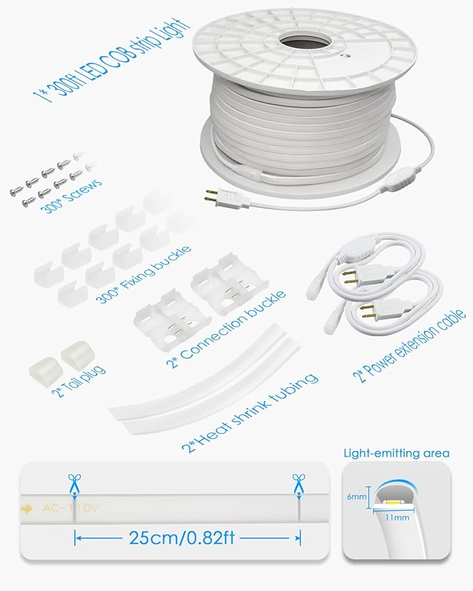 90M Outdoor COB Led Strip Lights Waterproof 300FT 1 Roll Soft 120V High Voltage Led Rope Light Plug in Daylight White 6000K 288Leds/M Dotless Uniform LED Lighting for Building Holiday Decor