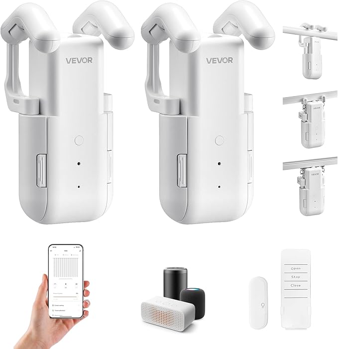 VEVOR Automatic Curtain Opener, 2 Pack, APP and Remote Control, Hub Included, Electric Smart Curtain Opener Compatible with Alexa and Google Home, Timed Opening and Closing, for Roman Rods, U/I Rails