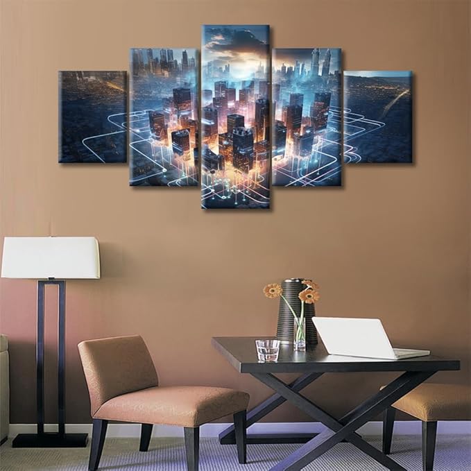 City Smart Brain Canvas Art Wall Decor Human Brain Energy Bedroom Wall Art Artificial Intelligence Concept Pictures Wall Painting for Living Room Modern Wall Art Framed Ready to Hang (60"Wx32"H)