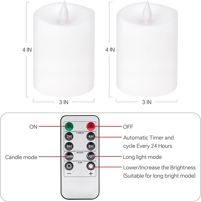 3x4 Flickering Flameless Candles Set of 2,Real Wax LED Battery Operated Candles,with Timer,4 inch Flameless Candles with Remote,for Holiday Home Decor,White