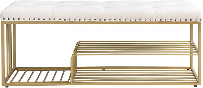 Linen Bench with Storage-Entryway Shoe Storage with Tufted Padded Seat,Gold Mental Frame Ottoman Bench for Bedroom Entry Window Mudroom Living Room,Beige