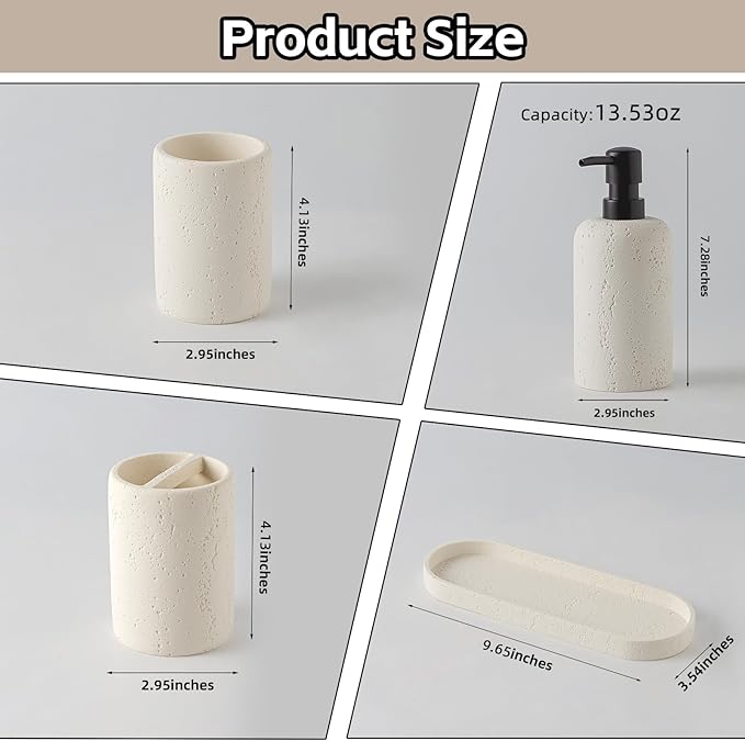 Bathroom Accessories Set, 4 Piece Travertine Stone Look Collection, Modern Bath Organizer with Soap Dispenser, Toothbrush Holder, Tumbler, Vanity Tray for Countertop Kitchen Sink (Off White)