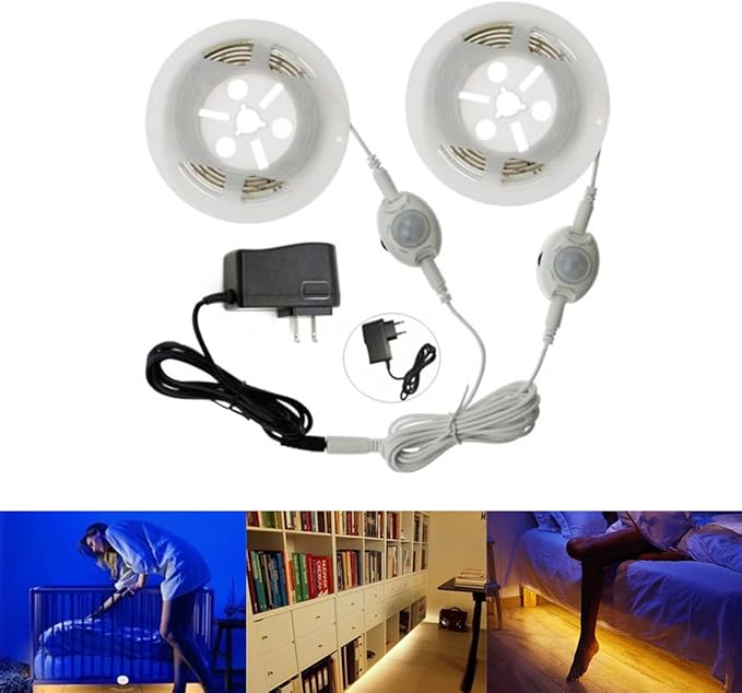 Motion-Activated Digital LED Under Bed Lighting System with Motion Sensors 2 * 3.3ft / 1m Motion Sensor LED Night Light, Dimmable Warm White for Queen/King/Cal.King Size Bed