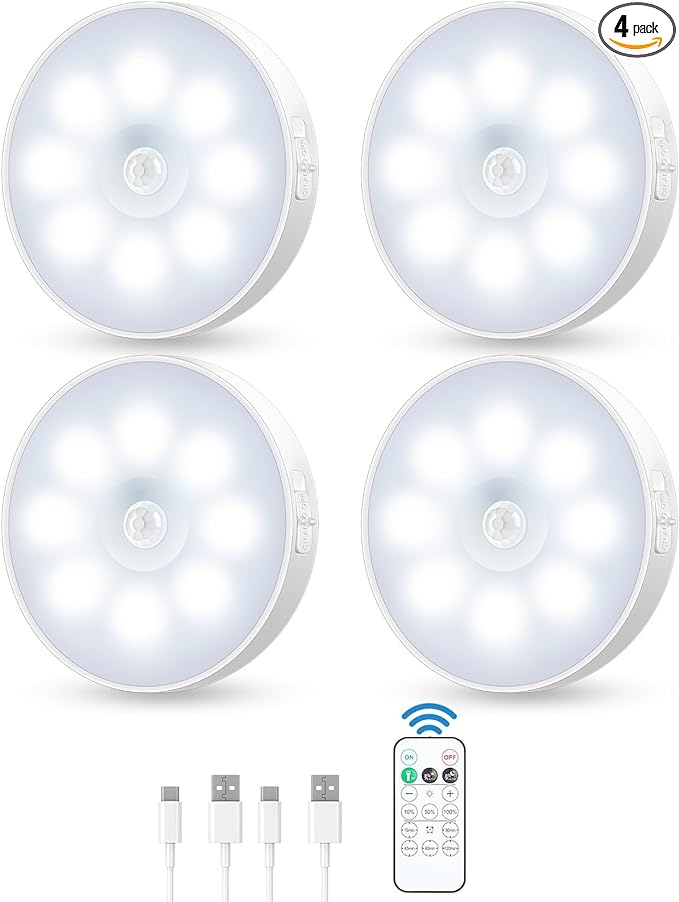 Motion Sensor Puck Light with Remote, Wireless Dimmable Under Cabinet Lights, Rechargeable Magnetic Closet Light, Stick on Night Light, 4-Pack