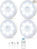 Motion Sensor Puck Light with Remote, Wireless Dimmable Under Cabinet Lights, Rechargeable Magnetic Closet Light, Stick on Night Light, 4-Pack