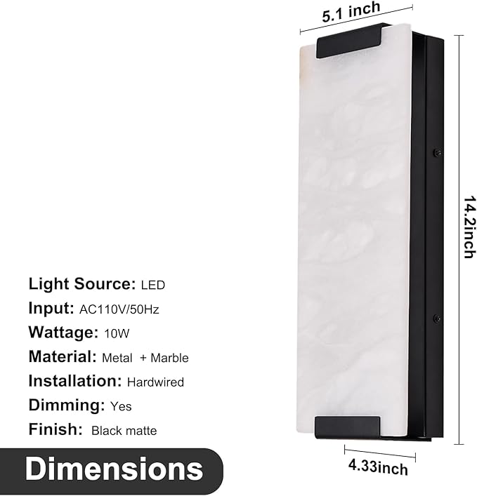 14.2in Alabaster Wall Sconce Hardwired, Large Vertical Natural Marble Wall Light Decor, LED Modern Alabaster Wall Lamp for Bedroom, Stairs, Living Room, Vanity, Bedside, Hallway, Bathroom（Black 12W）