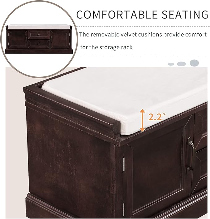 Merax Classic Wood Entryway Bench with Drawers and Seat Cushion for Hallway Front Door Espresso