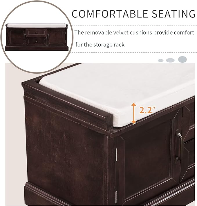 Knocbel 42.5" Entry Storage Bench with Removable Cushion, 2 Drawers and 2 Cabinets, Entryway Hallway Foyer Shoe Bench End of Bed Bench with Aluminum Handles, 200lbs Weight Capacity (Espresso)
