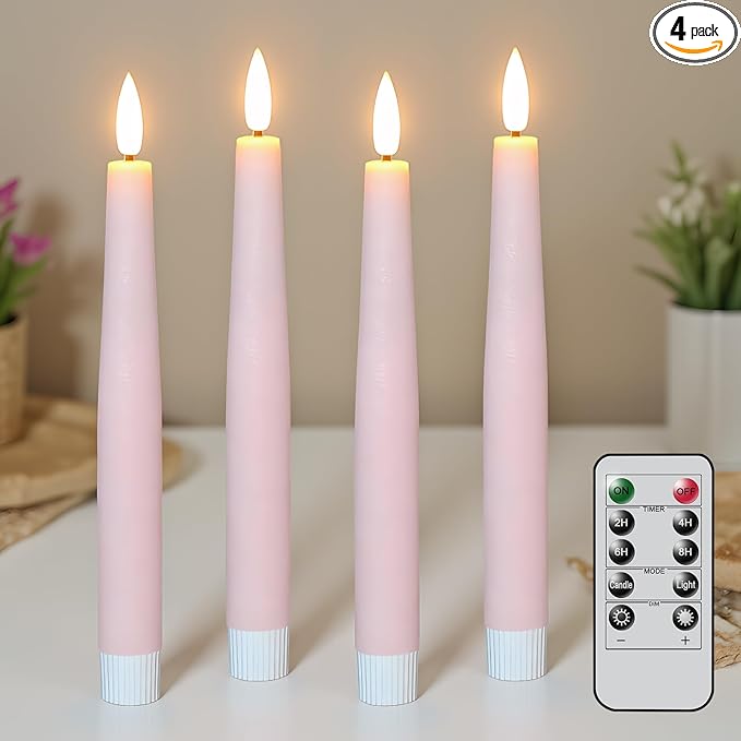 Pink Flameless Taper Candles, Spring LED Flickering Taper Candles Battery Operated with Remote Timer, 4 Pcs Flameless Candlesticks for Spring Wedding Home Decorations(D0.78” x H8.1”)