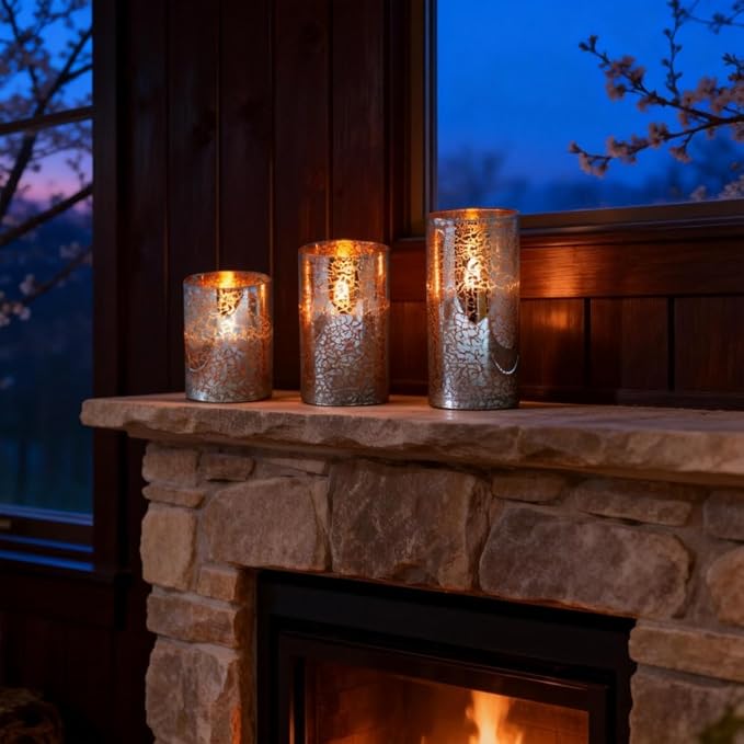 Silver Mercury Crackle Glass Flameless LED Pillar Candles Set of 3 – Warm White Flicker, Remote & Timer, Batteries Included, for Spring Weddings, Home Decor & Romantic Ambiance