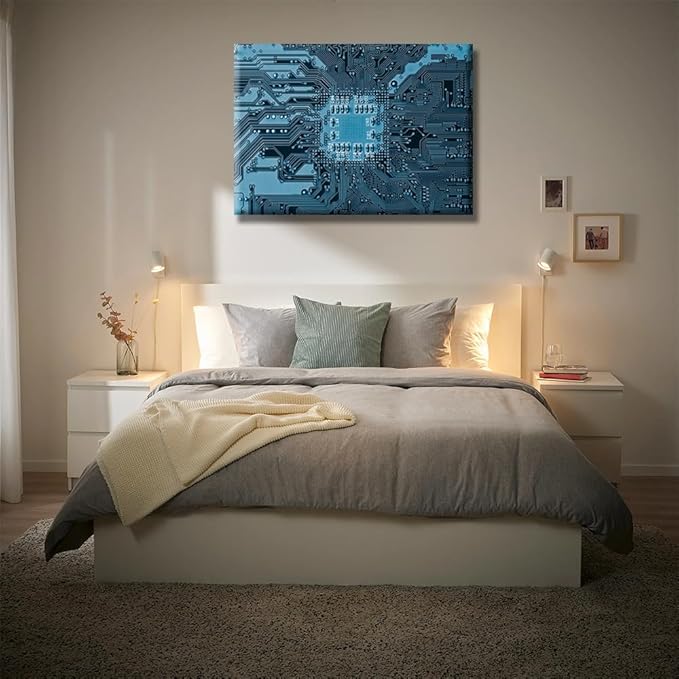 Technology Digital Wall Art CPU Concept Abstract Picture for Bedroom Blue Electronic Circuit Artwork Print On Canvas Electronic Board Bedroom Wall Art for Living Room Framed Ready to Hang 20X28 INCH