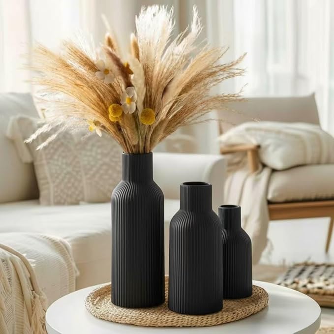Glossy Black Ceramic Vases Set of 3 - Modern Ribbed Vases for Fresh Flowers & Pampas Grass - Minimalist Decorative Centerpieces for Coffee Table, Mantle, Entryway & Office