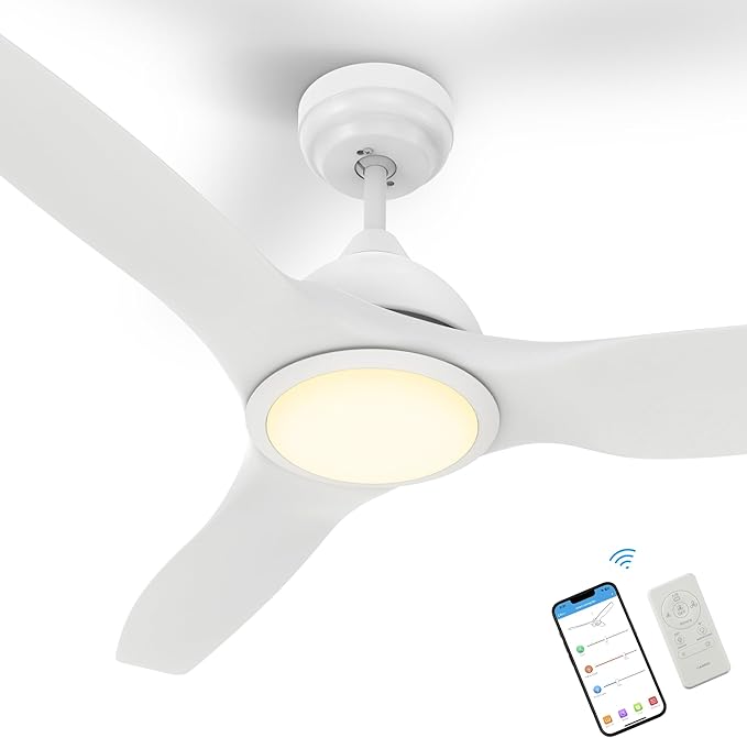 SMAAIR Smart Ceiling Fan with Remote Control, 52 Inch Indoor Low Profile Modern Ceiling Fans with Dimmable LED Light Kit, Timer with 10 Speeds, Works with Alexa/Google Assistant/Siri Shortcut,White