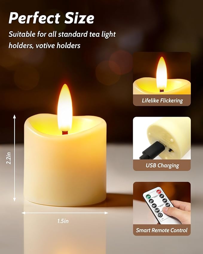 Rechargeable Flameless Candles with Remote Timer, 1.5"x2" LED Votive Fake Candles, Flickering Tea Lights Candles Battery Operated for Wedding Party Windows Table Home Decor Easter (6 Pack)