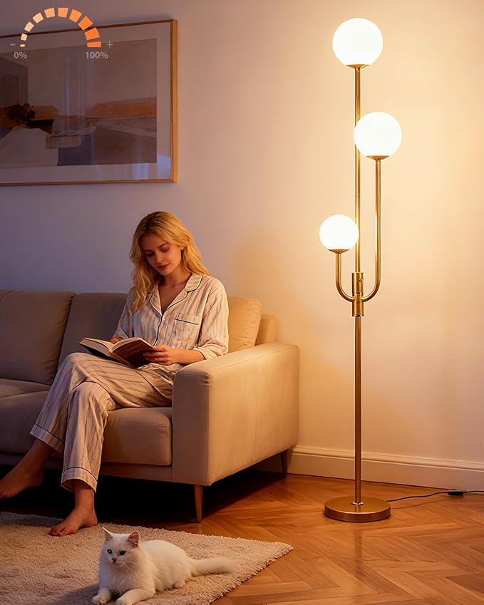 Lightdot 66IN Gold Globe Floor Lamp 3-Lights Vintage Gold Floor Lamps with 3000K Bulbs Included for Wedding Party Modern Tall Standing Lamp Dimmble for Living Room/Bedroom/Sofa Beside/Corner Decor