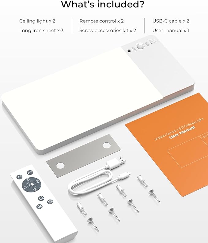 FULEN 2 Pack Rechargeable Motion Sensor Ceiling Light Upgraded, Cordless Closet Light with 12000mAh Battery, LED Shower Light for Bathroom,Pantry,Porch,Garage,3000K/4500K/6000K, Remote Control