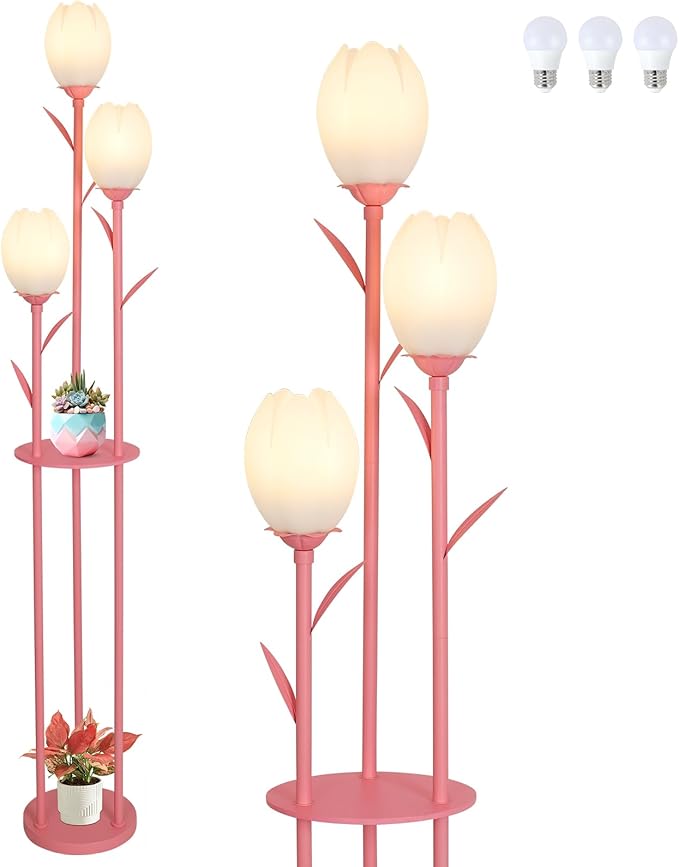 Pink Floor Lamp for Bedroom, 3-Light Flower Floor Lamp with Table, Corner Standing Lamps for Living Room, Tall Flower Lamp for Office, Girls Room, Unique Lighting Decor (Bulbs Included)