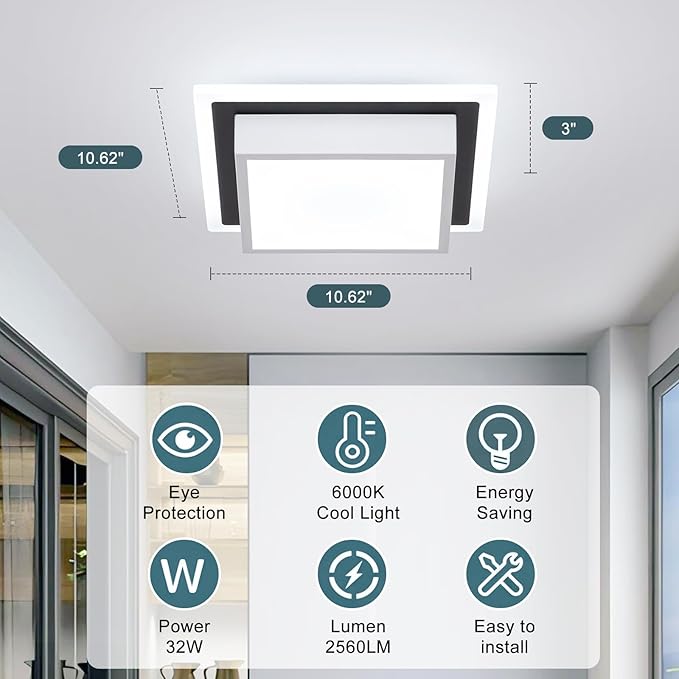 Modern LED Ceiling Light, Hallway Ceiling Light, 6000K Cold White Flush Mount Ceiling Lamp, Square Hallway Lighting Fixtures for Living Room Bedroom Bathroom Kitchen