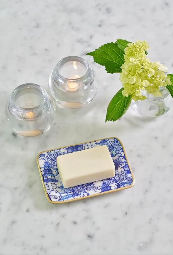 Jaye’s Studio Garden Party Decorative White and Blue Soap Dish for Bathroom, Enamel Tray, Vanity Tray for Dresser, Countertop, Sink Soap Tray for Desk, Jewelry Tray Gold, Key Plate, Chinoiserie Decor