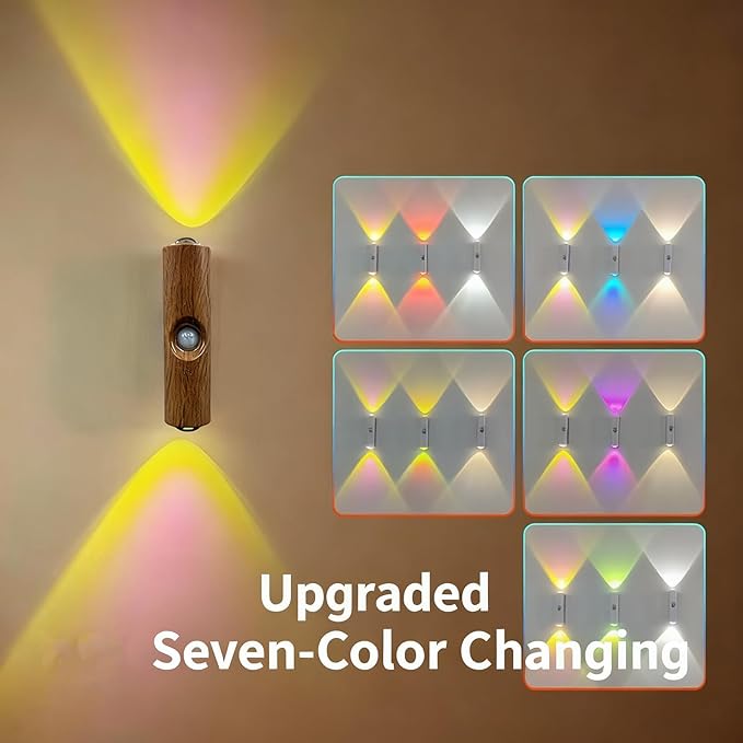 Rechargeable Smart LED Motion Sensor Ambient Light, Punch-Free Color Changing Motion Sensor Light for Stairs, Wardrobe, Cabinet (6Pcs,Wood, 7-Color Changing)