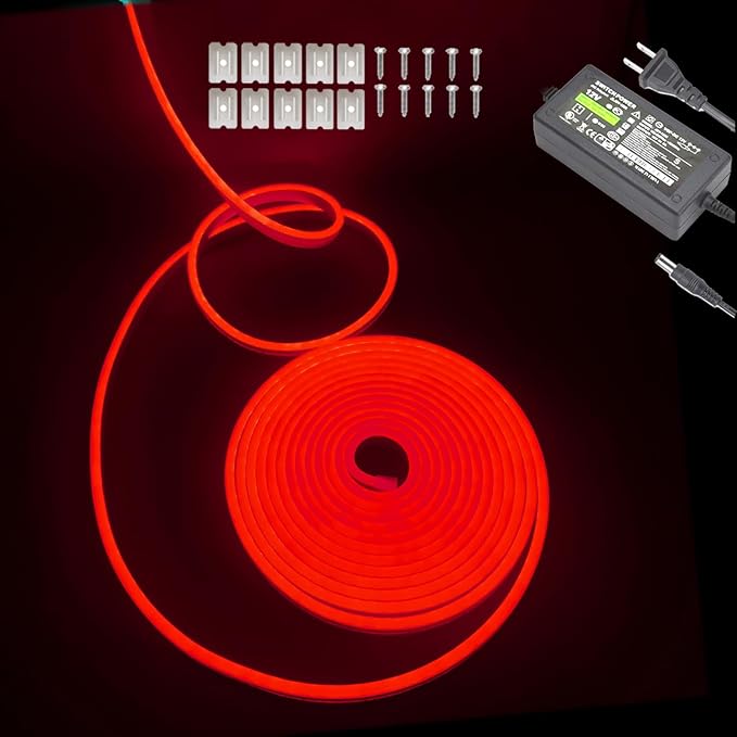 Red Neon LED Strip Light, 16.4ft/5M Flexible Rope Light - 12V DC, 600 LEDs, Waterproof for Indoor & Outdoor Home Decor (Include Power Adapter)