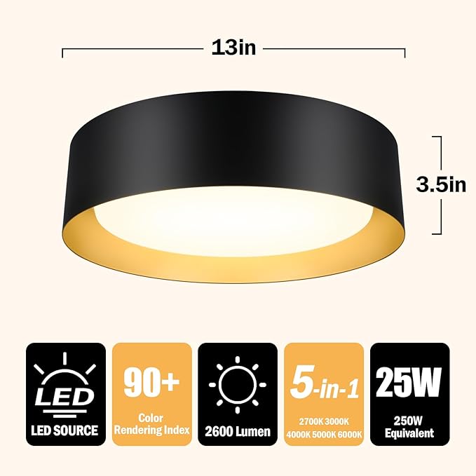2-Pack Flush Mount Ceiling Lights, 25W LED Ceiling Light Fixtures 300W Equivalent 2600LM 5CCT Adjustable Modern Black and Gold Flush Mount Dimmable Ceiling Lamps for Bathroom Hallway Bedroom