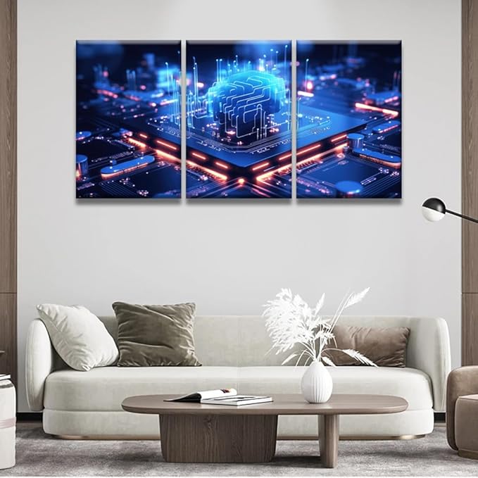 LSIUHWUWI 3 Panel Canvas Wall Art Modern Canvas Prints Art Cloud Computing transfer Data on Internet Pictures Posters, CPU Wall Art Wooden Framed Ready to Hang, 16x24inchx3