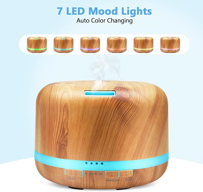 Essential Oil Diffuser, 500ml Aromatherapy Diffuser With Remote Control, DAROMA Ultrasonic Aroma Diffuser Nebulizing Cool Mist Humidifier, 7 Color Mood Lights & Waterless Auto-Off for Home Office Gift
