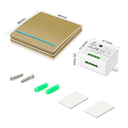 RGBZONE Wireless Light Switch and Receiver Kit, 100FT RF Range Remote Control, No Rewiring, AC85-240V Quick Create or Relocate On/Off Switches for Lamps (Gold)