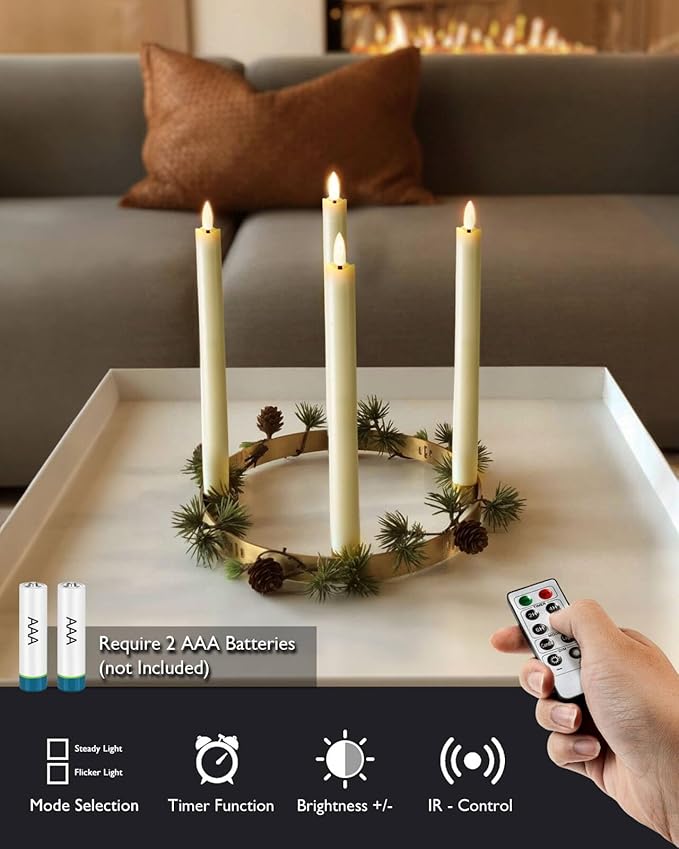 Homemory Real Waxy Flameless Taper Candles with Remote Timer, LED Candlesticks Flickering, Battery Operated Candles with Holders, 9.6 Inches for Home Christmas Wedding Celebration Decor, Ivory, 6 Pcs