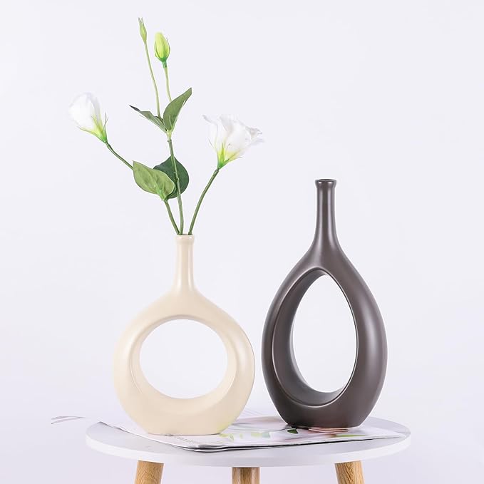 Brown White Vase Ceramic Off White Vases Home Decor,Modern Minimalist Circle with Hole Decorative Vase, Hollow Ellipse Flower vases for Bookshelf, Fireplace Mantle, Centerpieces,Farmhouse,Rustic Décor