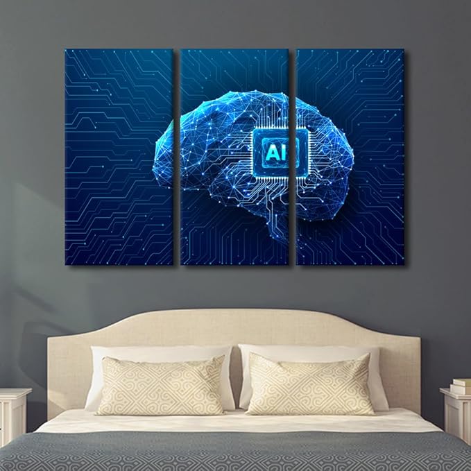 3 Panels Canvas Wall Art Chip Integral Painting Prints on Canvas Wall Art Technology Brain Pictures Giclee Artwork for Home Walls Technology Posters Gallery-wrapped Framed Ready to Hang, 60"Wx40"H