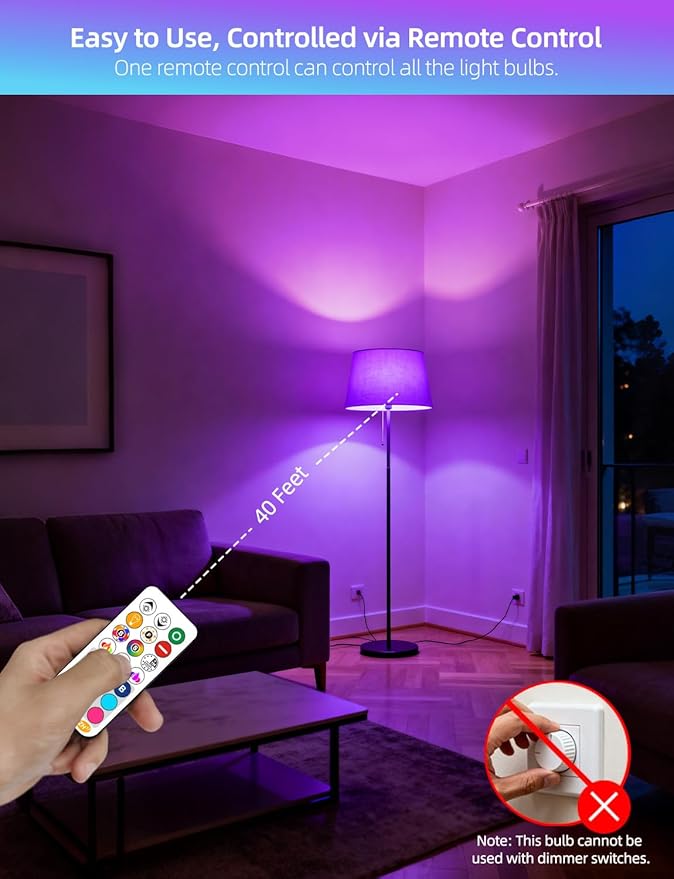 ILC LED Light Bulb 85W Equivalent, Color Changing Light Bulbs 2700K Warm White, Remote Control RGB 6 Modes, Timing, Sync, Dimmable E26 Screw Base (4 Pack)