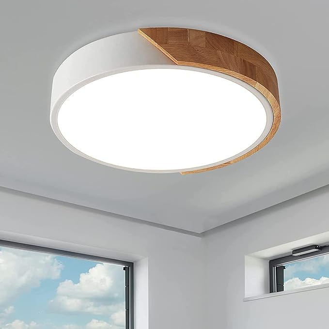 Flush Mount Ceiling Light, 12 inch LED Ceiling Light Fixture, Matte White with Wood, 4500K/24W(150w Equiv.), Not Dimmable Indoor Lighting Fixtures Ceiling for Bedroom and Hallway