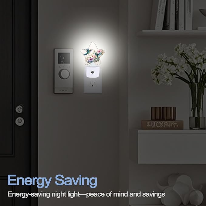 Hummingbird Bird Floral Night Lights Plug Into Wall,Vintage Flower Star Night Light for Kids,Nightlight with Dusk to Dawn Smart Sensor for Bedroom Bathroom Decor,Children Women Men Gift