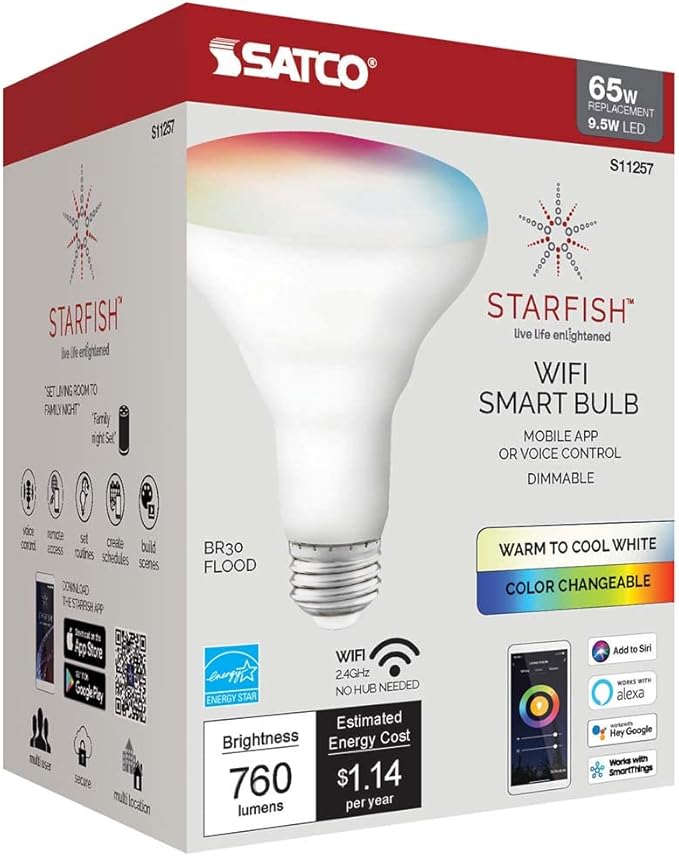 Satco S11257 Starfish 9.5W BR30 WiFi Smart LED Light Bulb, Tunable White and Color Changeable, Voice and App Control, 2700K-5000K, White