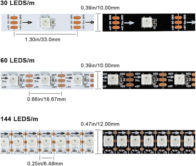 WS2812B RGB LED Strip, Individually Addressable LED Strip, Chasing Effects Dream Color 5050SMD 3.2FT 144 LED Pixel Strip Rope Light DC 5V (Black PCB 3.2FT 144Pixels/m IP30)