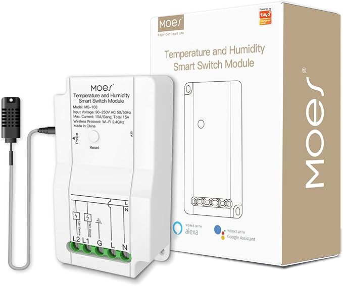 MOES WiFi Smart Temperature and Humidity Switch Module Sensor, Dual Relay Output Controller, Smart Life Tuya App Wireless Remote Control, Programmable Thermostats Kit Works with Alexa Google Assistant