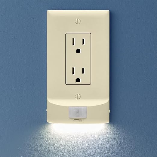 SnapPower 4 Pack MotionLight [for Décor Outlets] - Motion Detecting LED Night Lights Built-in to Wall Plate - Bright/Dim/Off Options - Auto On/Off Sensor - (Décor, Light Almond)
