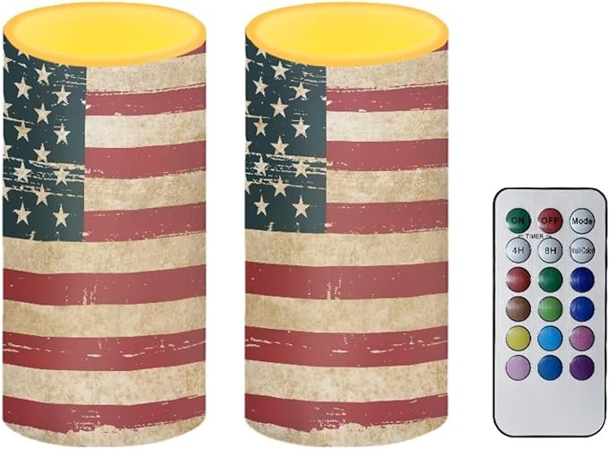 American Flag Flameless Candles 2 Pack 6 x 3 inch Battery Operated Candles with Multicolor Timer Remote Control LED Fake Candles for Warm Light Dinner Table Home Decor Gifts for Veterans