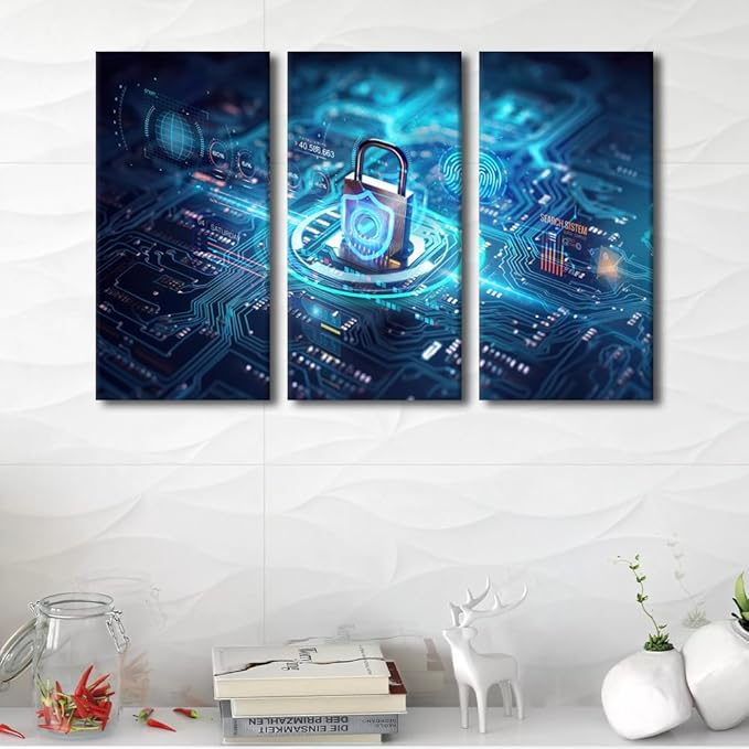 TUMOVO Large Canvas Wall Art 3 Panels Secure Connection or Cybersecurity Service Concept of Compute Print on Canvas for Living Room Bedroom Wall Decoration, Ready to Hang, 60" Wx40 H