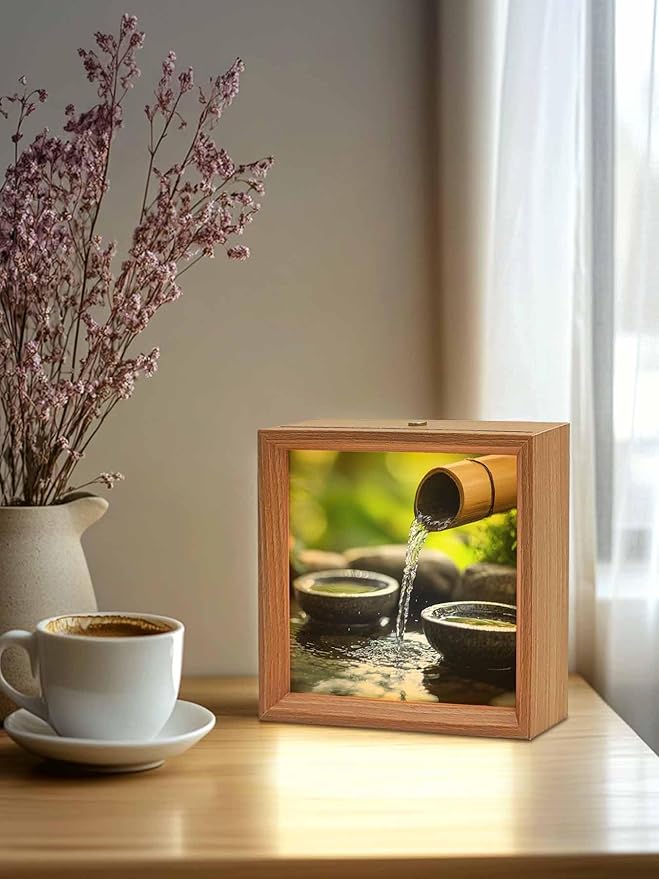 Wood Night Light Box 6.5x6.5in,Zen Meditation Lake Water Table Lights Wooden Picture Frame with USB Rechargeable Touch LED Lights for Home Decor Desktop Display,Natural Landscape