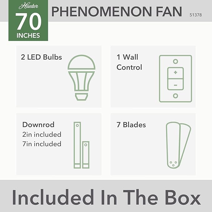 Hunter 70 inch Indoor Ceiling Fan with LED Light and Wall Control - White Smart Ceiling Fan, Standard Mount, 7 Blades, For Bedroom or Living Room, Quiet - Phenomenon 51378, Matte White