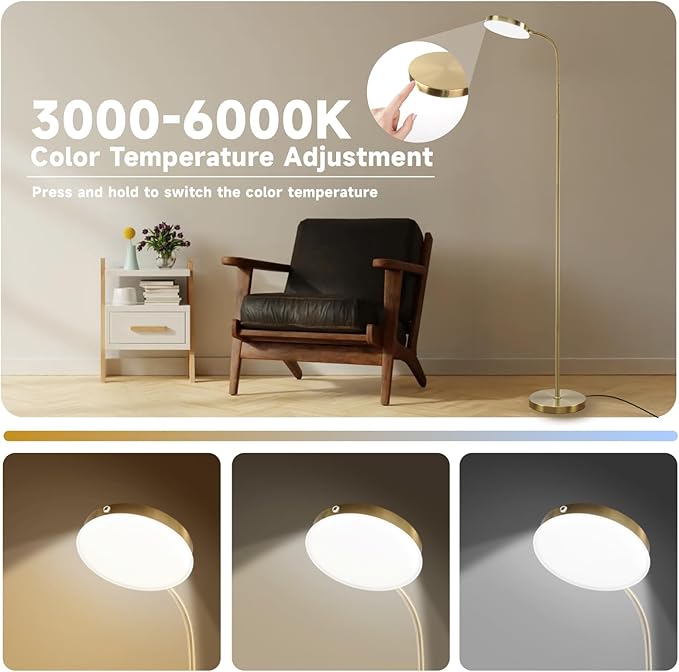 Floor Lamp, Led Floor Lamps for Living Room, Stepless Adjust Color Temperatures & Brightness Standing Lamp with Touch Control Tall Lamps Adjustable Gooseneck Reading Floor Lamp (Gold)